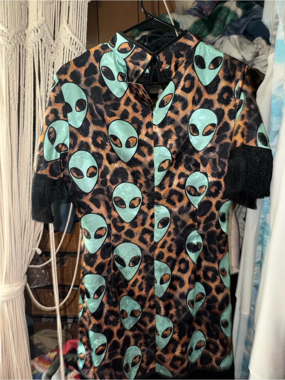 Dressed in LALA Teal Alien Print Leopard Top with Black Fringe - Picture 3 of 4